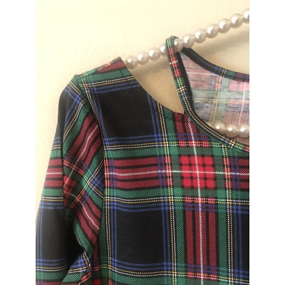 NWT The Childrens Place Girls XL Dress Black Plaid Cold Shoulder Long Sleeve